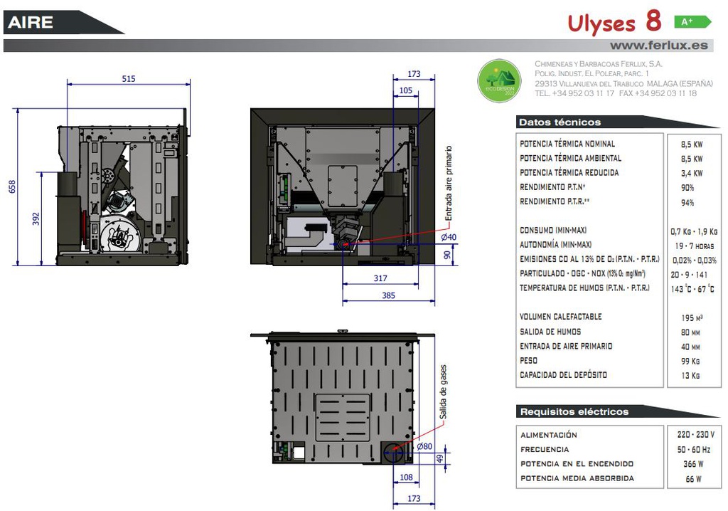 CHIMENEA INSERTABLE PELLETS ULYSES 8kW FERLUX