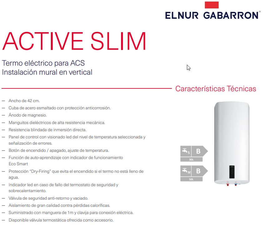 Ficha técnica Termo eléctrico ACTIVE SLIM GTD ELNUR GABARRON 1
